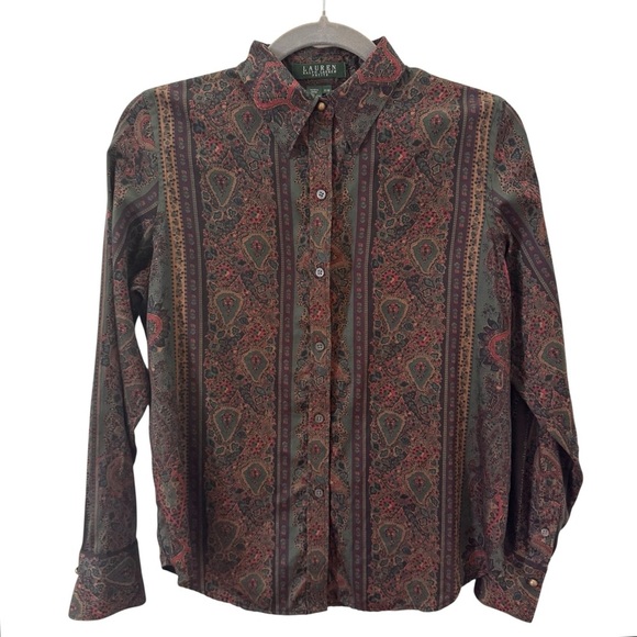 Vintage Lauren Ralph Lauren Paisley Button-Down Shirt Size Medium Petite - Picture 1 of 7